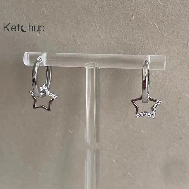 [Ktchup-t] 1 คู่คริสตัลหวาน Star Drop ต่างหูสําหรับผู้หญิงสาวแฟชั่นเพทายสีเงิน Five-Pointed Star หู Bule Party เครื่องประดับ Nice