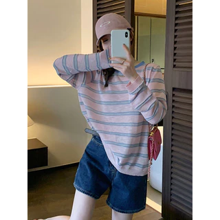 Vogue🌟พร้อมส่ง🌟 เสื้อโอเวอร์ไซส์แขนยาวคอกลม ลายทางสีพาสเทลน่ารักๆ บางเบาใส่สบาย (B357)