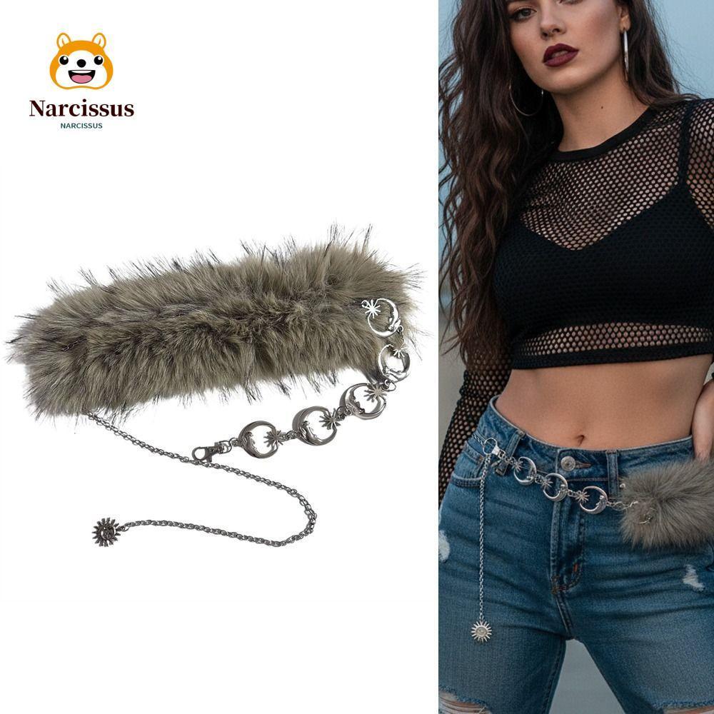 เข็มขัดขน faux fur สไตล์ punk โลหะ moon star ดีไซน์ retro Y2K เข็มขัดเอวผู้หญิงแฟชั่นเทรนด์
