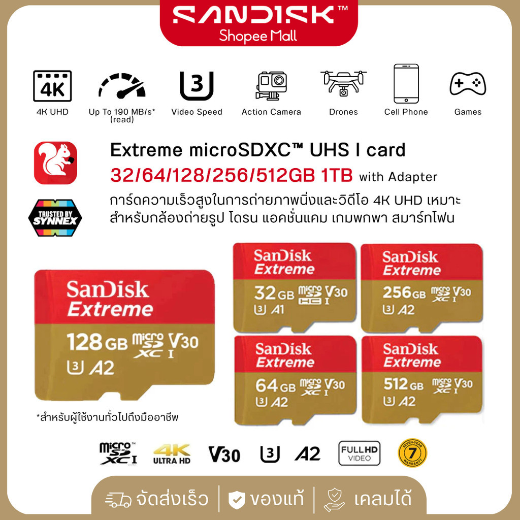 (ส่งด่วน) SanDisk การ์ดหน่วยความจำ 32GB-1TB ความเร็ว MicroSD เข้ากันได้กับการ์ด SD คอมพิวเตอร์โทรศัพท์มือถือ