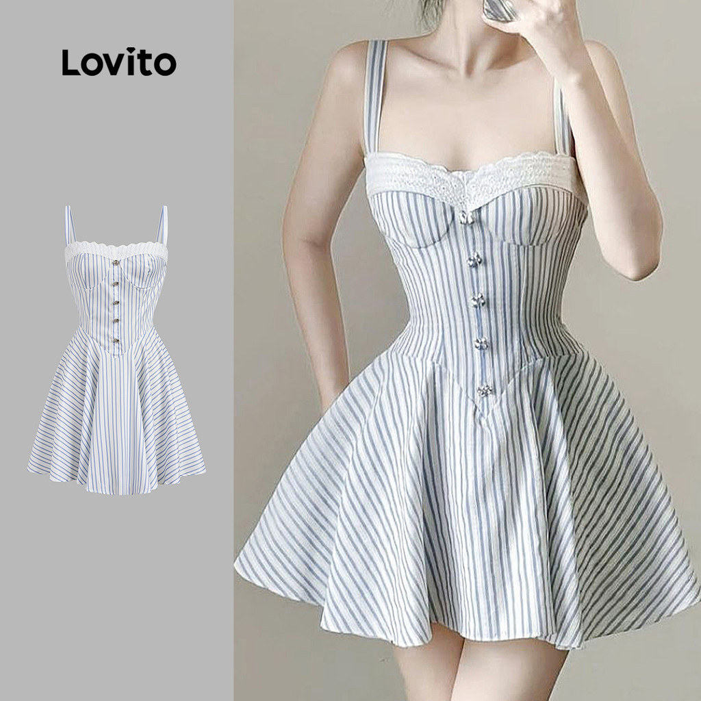 Lovito เดรสลำลองใส่ได้ทุกวัน ทำงาน วันหยุดพักผ่อน เดินทาง เดรสผ้าลูกไม้สีตัดกัน ทรงเดรป สีฟ้า สำหรับผู้หญิง เหมาะสำหรับฤดูใบไม้ผลิ/ฤดูร้อน LK3AD147