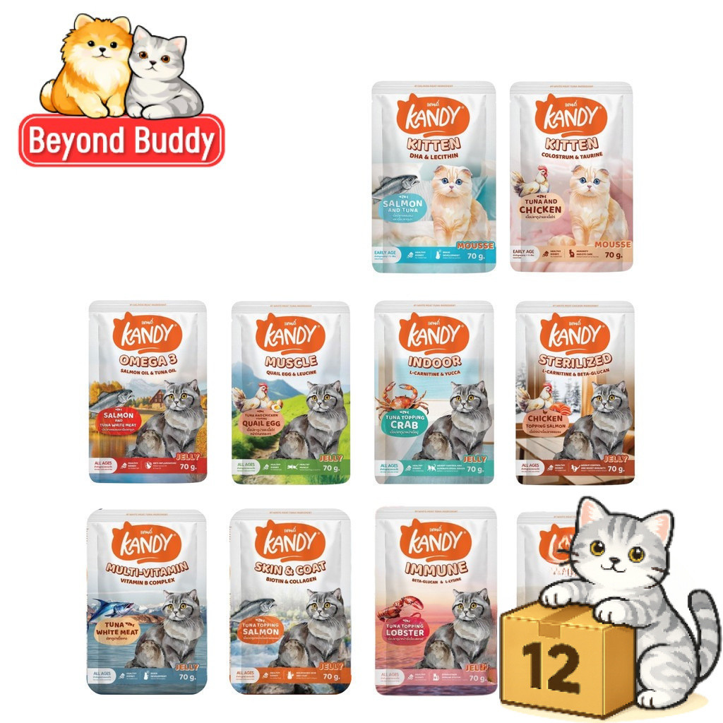 ( ยกโหล 12 ซอง ) Kandy แคนดี้ อาหารแมว เปียกแมว ไม่ใส่เกลือ จากปลาเนื้อขาว โปรตีนสูง ลูกแมวและแมวโต