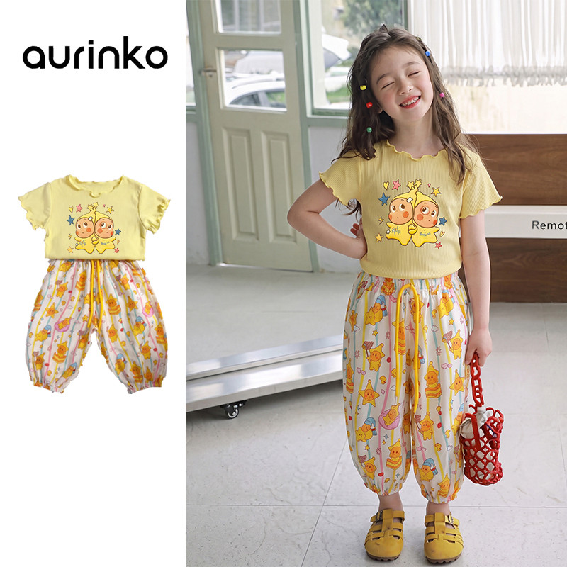 Twinkle Twinkle เด็กผู้หญิง เสื้อ ผ้าไหมน้ำแข็งแขนสั้น+กางเกงกันยุง สไตล์เกาหลี ชุดเด็กผู้หญิง 2-9ป ราคาถูก Shopee Lazada