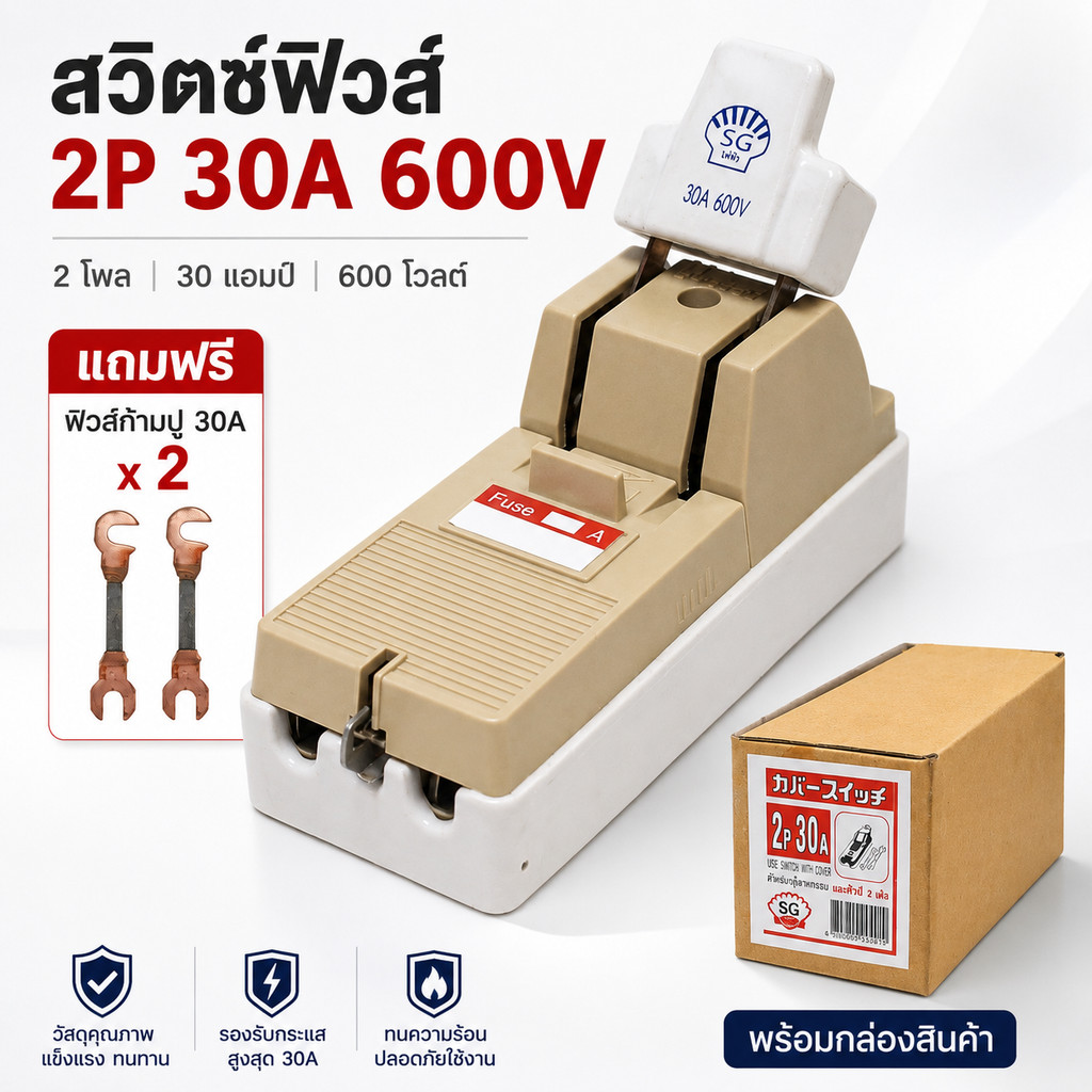 "ม้าลาย" MALAI คัทเอาท์ไฟฟ้า 2P 30A 600V พร้อมฟิวส์ก้ามปู 2 ชิ้น ติดตั้งง่าย ทนความร้อน เหมาะกับบ้าน