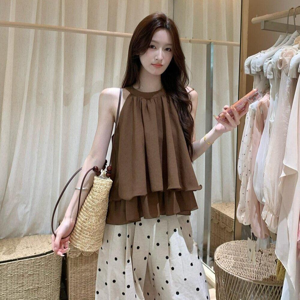 Red Berry เสื้อสายคล้องคอแต่งระบาย สำหรับผู้หญิง ฤดูร้อน แขนกุด ทรงช่วยให้ดูผอมเพรียว 99468