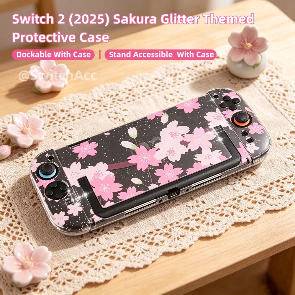 Sakura Glitter Collection Design Switch เคสป้องกัน Dockable สําหรับ Nintendo Switch 2 Ultra Thin Anti-Scratch อะนิเมะ Thumb Caps