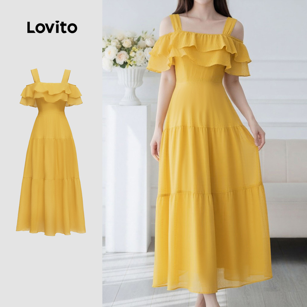 Lovito สง่างาม เดรสผู้หญิงสีเหลือง แต่งระบายหลายชั้น สวมใส่สบาย เหมาะสําหรับฤดูใบไม้ผลิ/ฤดูร้อน LK4ED1770