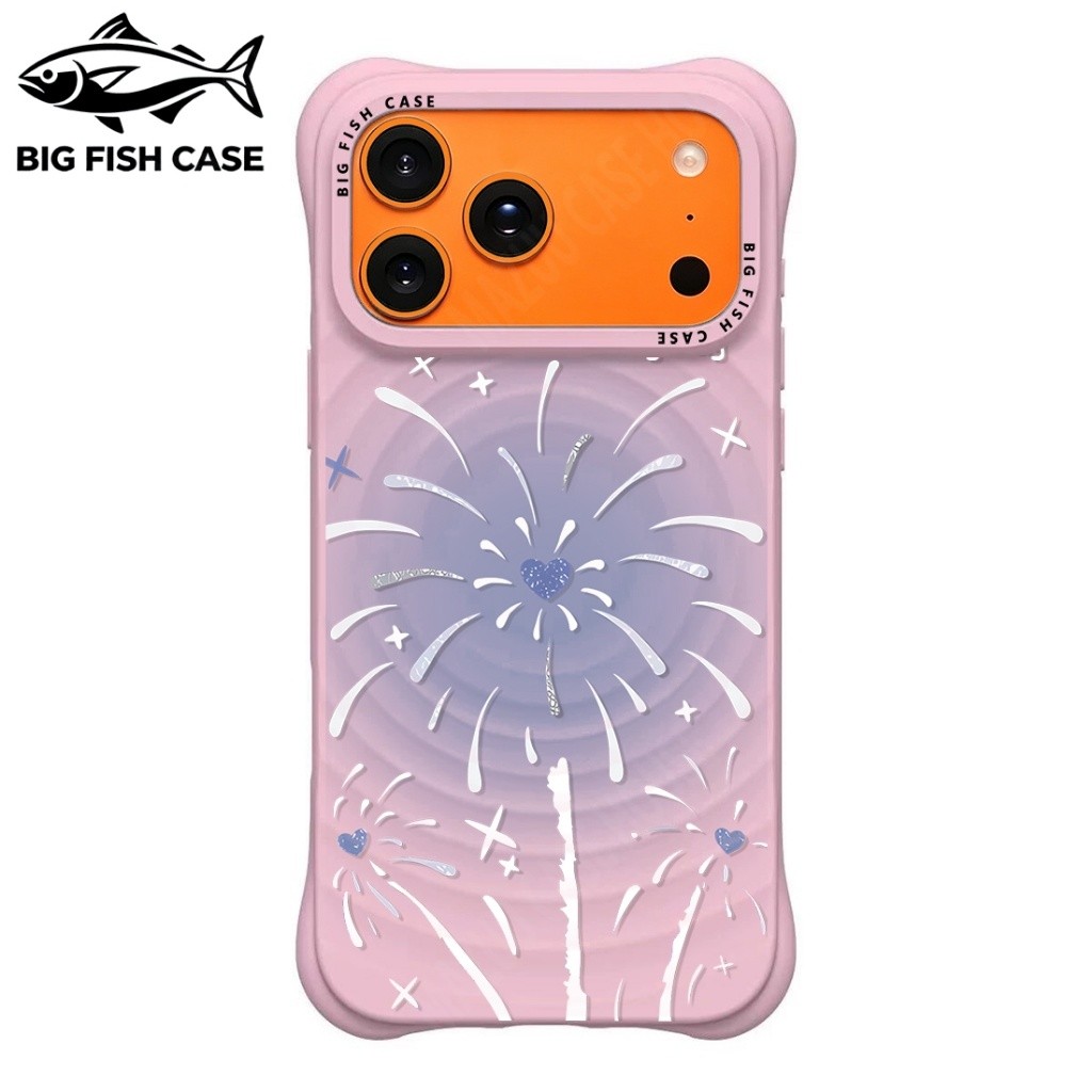 เคสไอโฟน ซิลิโคนสีชมพู กันกระแทก ลายดอกไม้ไฟหัวใจแม่เหล็ก มุมหนา สำหรับ iPhone 17 16 15 14 13 12 11 Pro Max Plus
