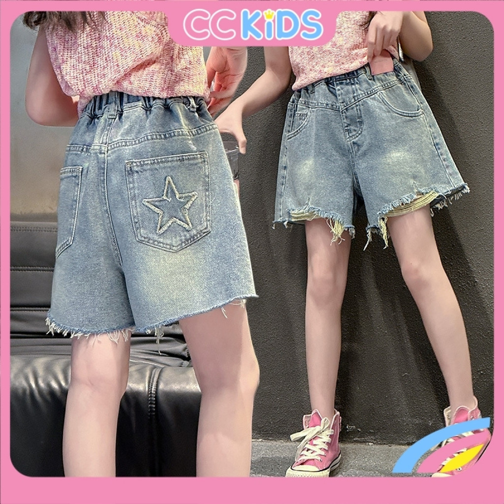 กางเกงยีนส์ขาสั้นเด็กผู้หญิง Frayed Ripped Labeling Star Casual สไตล์เกาหลี