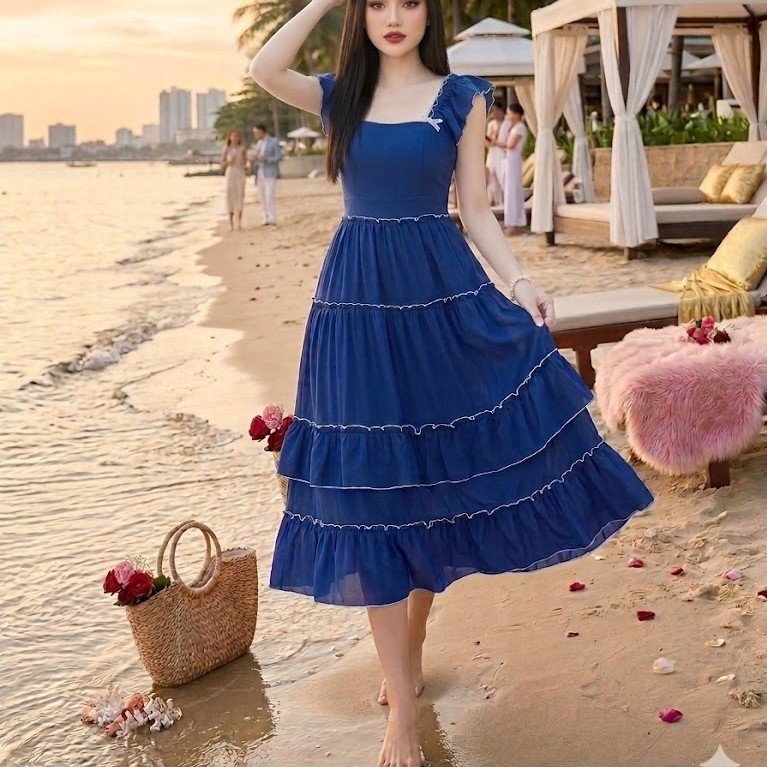MYDU SHOP - MS 2242 | ชุดเดรสปาร์ตี้ 2 สายคอสี่เหลี่ยม 4 ชั้นอ่อนเยาว์