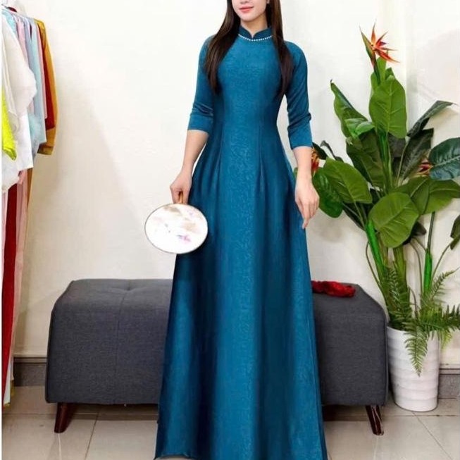ผ้าไหม Ao Dai แบบดั้งเดิม ผ้าไหมเส้นเลือดหัก คอ 3 ซม. แขนยาว A-Line คอเป็ด
