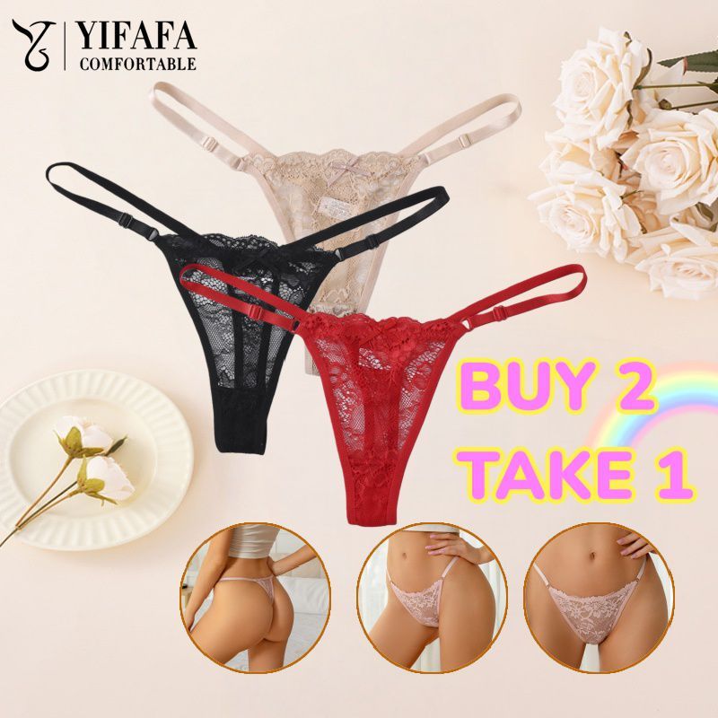 [ซื้อ 2 แถม 1] กางเกงในจีสตริงลูกไม้ลายดอกไม้สำหรับผู้หญิง ปรับขนาดเอวได้ โปร่งบาง มีโบว์ เซ็กซี่