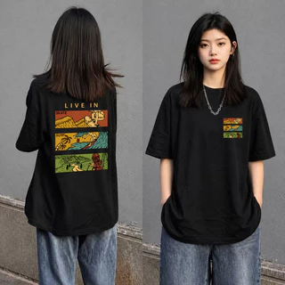 (ผ้าฝ้าย 100%)Luvoro oversize unisex เนื้อผ้านุ่มระบายแขนสั้น T-shirt สีดำและสีขาว เสื้อยืดทูโทน เสื้อยืดแขนสั้น C1584
