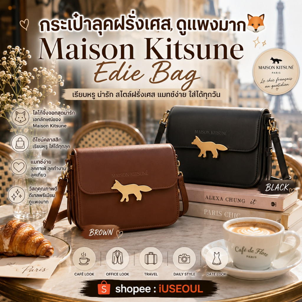 🇰🇷Maison Kitsune Edie Bag 🦊 กระเป๋าสะพายลุคฝรั่งเศส สี Bakelite Black Brown Dark Green ดูแพงมาก