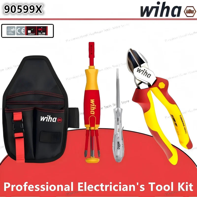 Wiha 90599X 4-in-1 VDE 1000V ไขควงหุ้มฉนวนชุดช่างไฟฟ้าเครื่องทดสอบแรงดันไฟฟ้าพร้อมถุงเก็บ