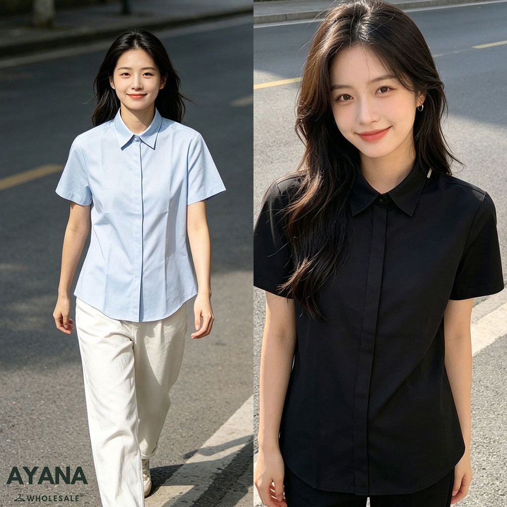 เสื้อเชิ้ตผู้หญิงแขนสั้น ชุดทำงาน ผ้าคอตตอนยืด เข้ารูปพอดีตัว