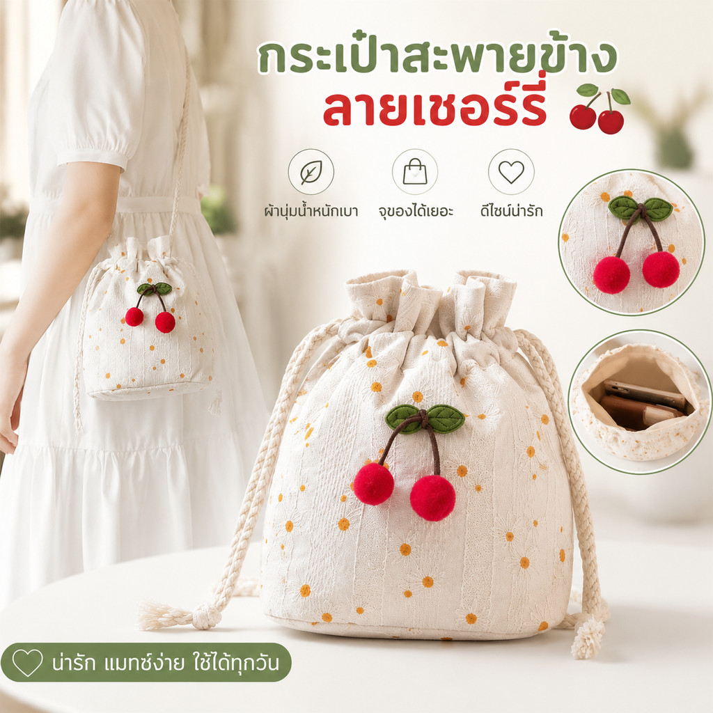 มีสินค้าพร้อมส่ง กระเป๋าสะพายข้างผ้ากระสอบ ลายดอกเดซี่ ขนาดเล็ก ทรงบักเก็ต พร้อมพวงกุญแจเชอรี่ น่ารัก ใช้เที่ยว