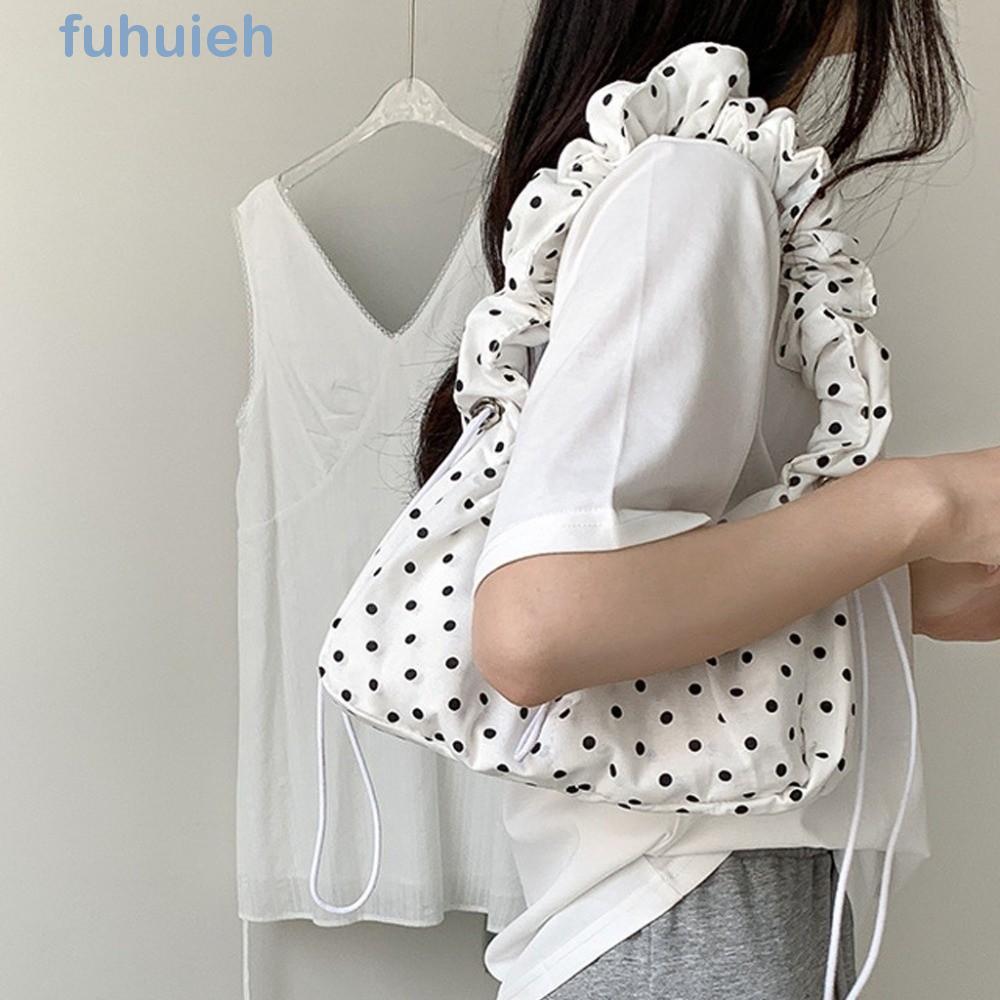 FUHUIEH Polka Dot Underarm Bag,อเนกประสงค์ความจุขนาดใหญ่กระเป๋าสะพายเชือกรูด,สดน้ําหนักเบาสไตล์เกาหลีถุงเกี๊ยวจีบสายรัดToteกระเป๋าผู้หญิง
