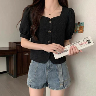 เสื้อแฟชั่น แขนสั้น รุ่นติดกระดุม คอเหลี่ยม ผ้าลินิน ทรวสวยดูลูกคุณหนูมาก เรียบง่าย สำหรับสาวหวาน