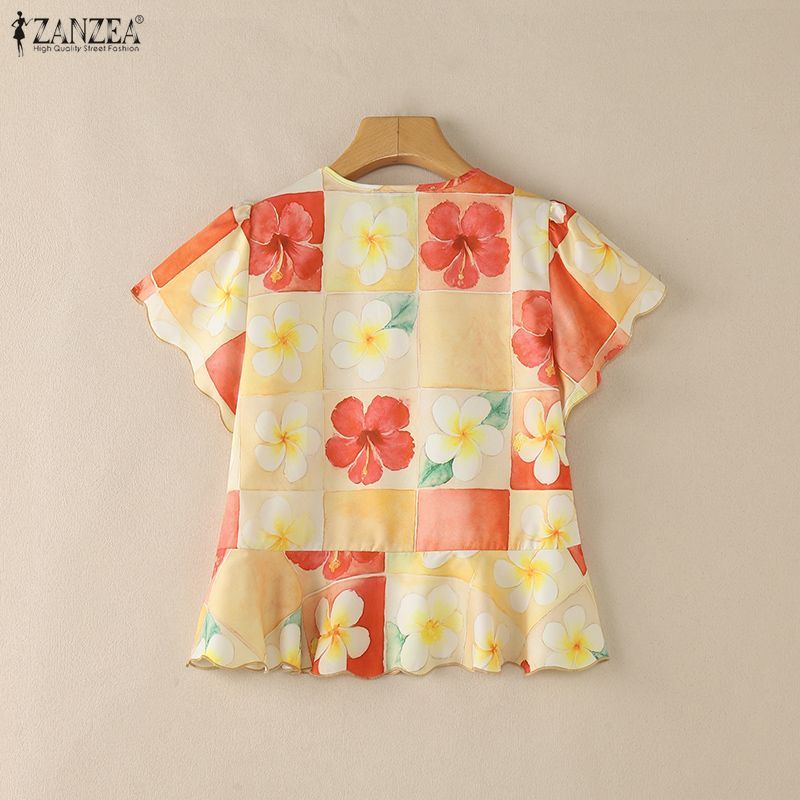 ZANZEA ผู้หญิงเกาหลี Elegant Art ความงาม V คอ Ruffle แขน Tie-Up Bows ดอกไม้พิมพ์ A-Line เสื้อ — صورة 8