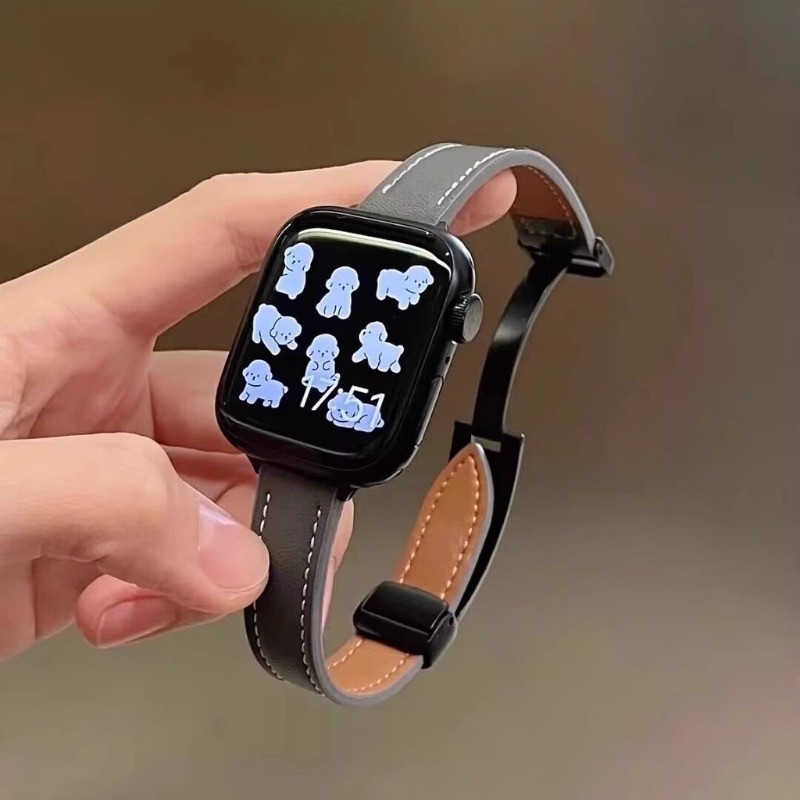 สายหนังแม่เหล็กหัวล็อคคู่สําหรับ Apple Watch Series 11 10 9 8 7 6 5 4 3 SE2 Ultra2 Ultra3 ขนาด 46/49/45/44/42/41/40/38 มม.