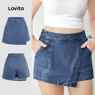 Lovito Casual Women Denim Shorts Wrap Pocket Spring/summer Blue Denim Shorts L154ED308