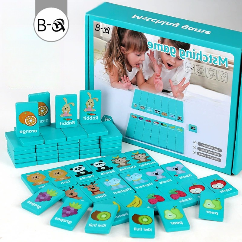 BHQ ของเล่นเพื่อการศึกษา เกมจับคู่ความจํา เกมจับคู่โดมิโน่ไม้ รูปการ์ตูนสัตว์