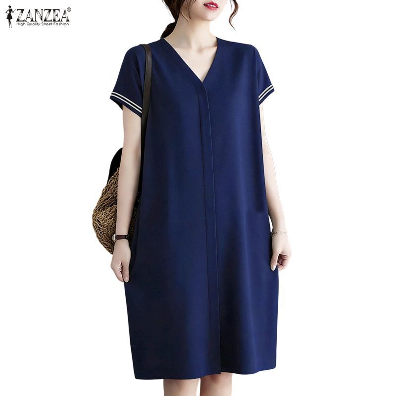 ZANZEA ซานเซีย ผู้หญิงแฟชั่นเกาหลีสไตล์ลําลองคอวีแขนสั้น ไร้กระเป๋า สีบล็อกลายชุดหลวม