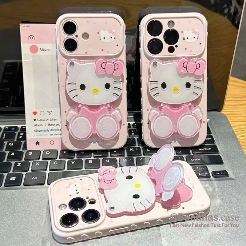 การ์ตูนน่ารัก Kt Cat + กระจกสําหรับ iPhone 17 16 15 14 13 12 11 Pro Max 16 15 14 plus