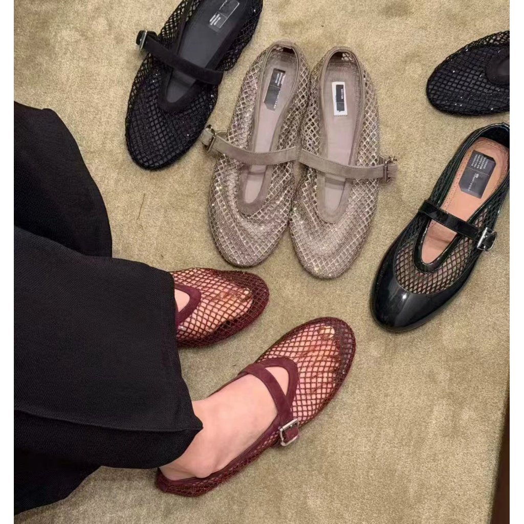 Alaia รองเท้าบัลเล่ต์ถักผู้หญิง รุ่น 25 ดีไซน์ใหม่ ส้นแบน ตาข่ายประดับเพชร หัวเข็มขัดสายเดี่ยว Mary 