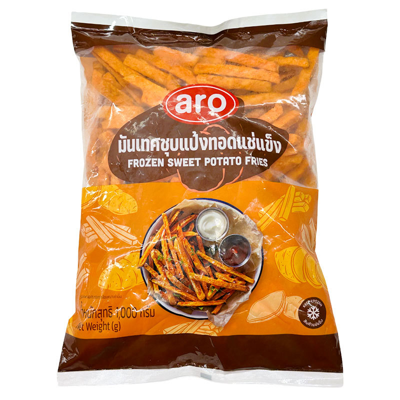 เอโร่ มันเทศชุบแป้งทอดแช่แข็ง 1 กก. (ARO Sweet Potato Fries 1 kg) โปโลแมน POLOMAN