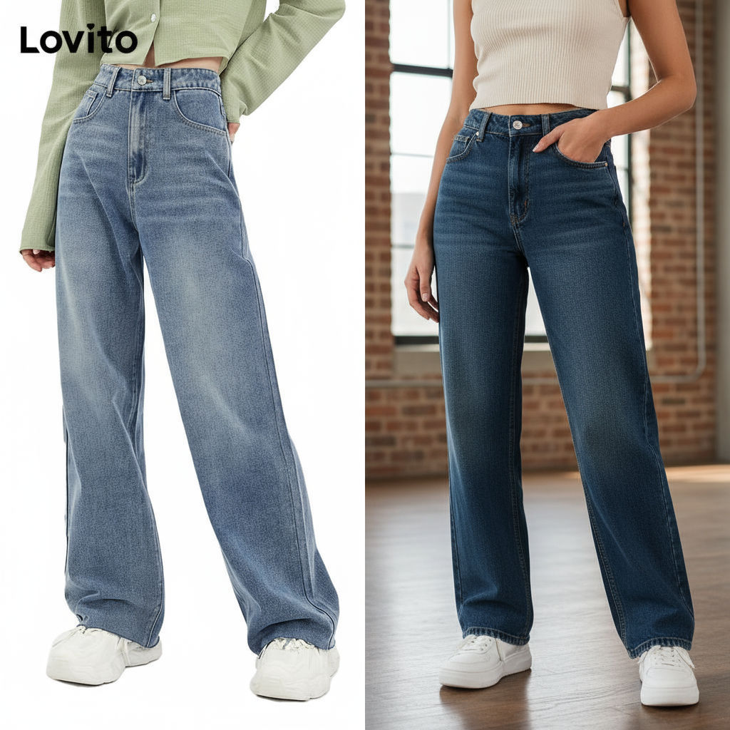 Lovito กางเกงยีนส์ขาบาน เอวสูง สไตล์ลําลอง สีฟ้า รหัส L30AD050