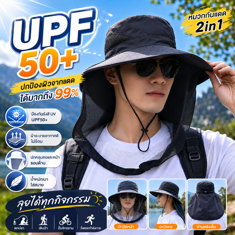 COD หมวกตกปลาป้องกันคอใบหน้า กันแดด 360° กันยุงผึ้งแมลง ระบายอากาศสูงสุด ผ้าใส่เย็น ทนทานยาวนาน อุปกรณ์กีฬาแจ้งเดินป่า