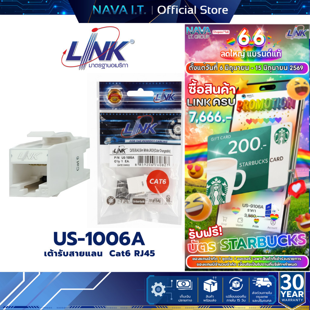 LINK US-1006A ตัวเมีย CAT6 RJ45 CAT6 RJ45 SIIM WHITE JACK COLOR CHAHGEABLE