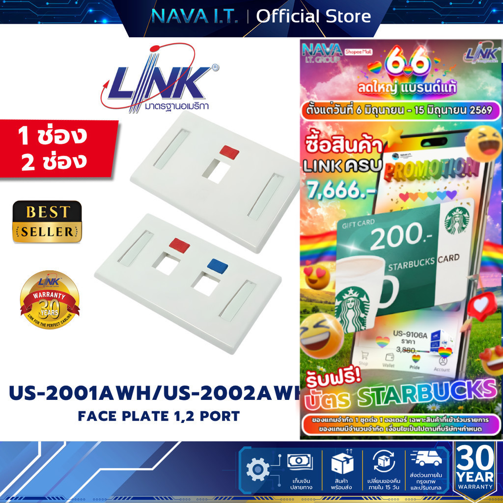 LINK US-2001AWH/US-2002AWH Face Plate 1,2 Port With Icon & Lable ID (สีขาว) รับประกัน 30 ปี