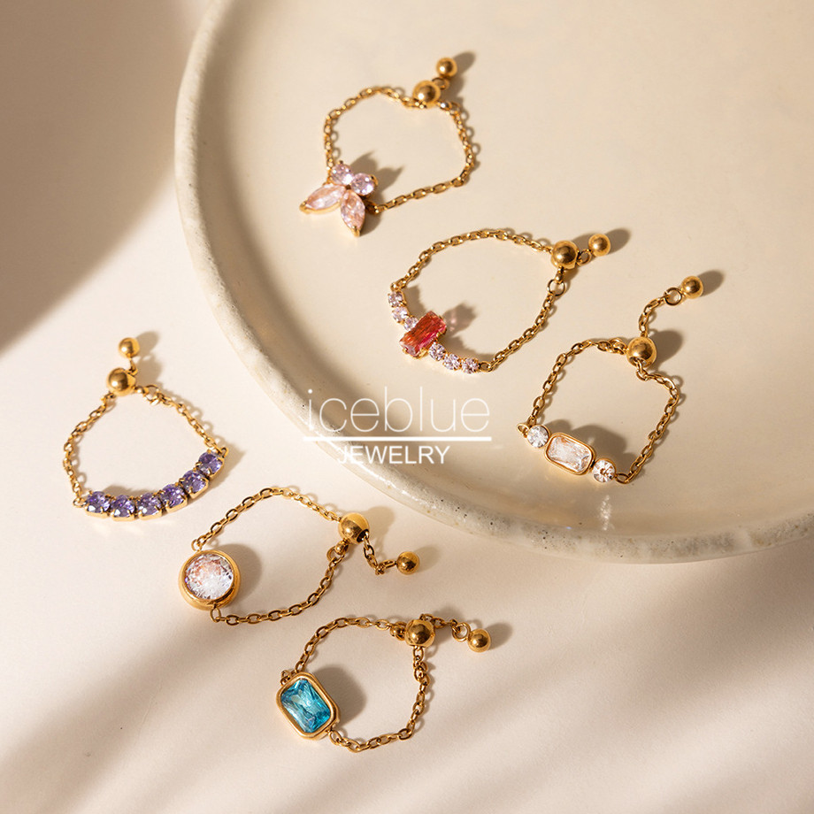 Iceblue-สแตนเลสปรับZircon Pull-Outแหวนกันน้ําไม่ซีดจาง18K Gold Plated Non Tarnishแหวนหรูหราสําหรับผู้หญิงR57