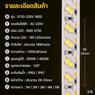 ไฟเส้น LED 5730 สว่างพิเศษ กันน้ำ IP67 ไฟเส้น 220V แถวคู่ 120/เมตร สำหรับบ้าน ร้านค้า และงานกลางแจ้ง พร้อมปลั๊กและหัวปิด