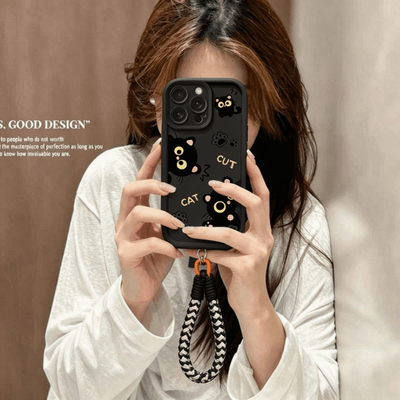 สําหรับ RENO 15 13 14 PRO 15F 13F 11F 12F OPPO A6S A6C A3 A5 A6 PRO A6X แมวดํานุ่มพร้อมสายรัดข้อมือ Lanyard Chain น่ารักกันกระแทกกันชนฝาครอบ