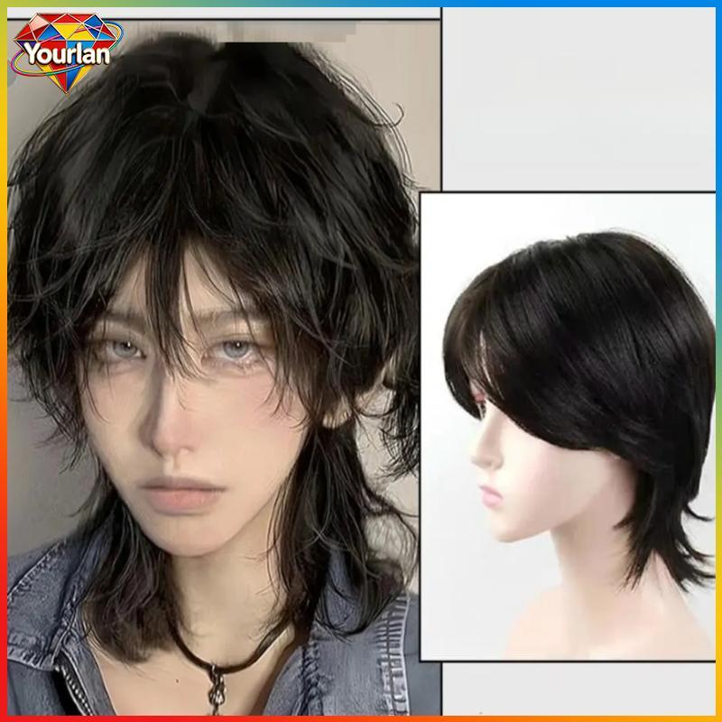 Yourlan6m.th Mullet หัววิกผมคอสเพลย์สําหรับผู้ชายผู้หญิงอะนิเมะสังเคราะห์สั้นตรงหางหมาป่าปลอมอุณหภูม