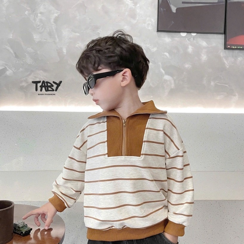 4407ADB Taby Kids เสื้อสเวตเตอร์หนังปลาลายทางแนวนอนคอปกระบายอากาศวัสดุสักหลาดหนังปลาหนาสําหรับเด็ก 9