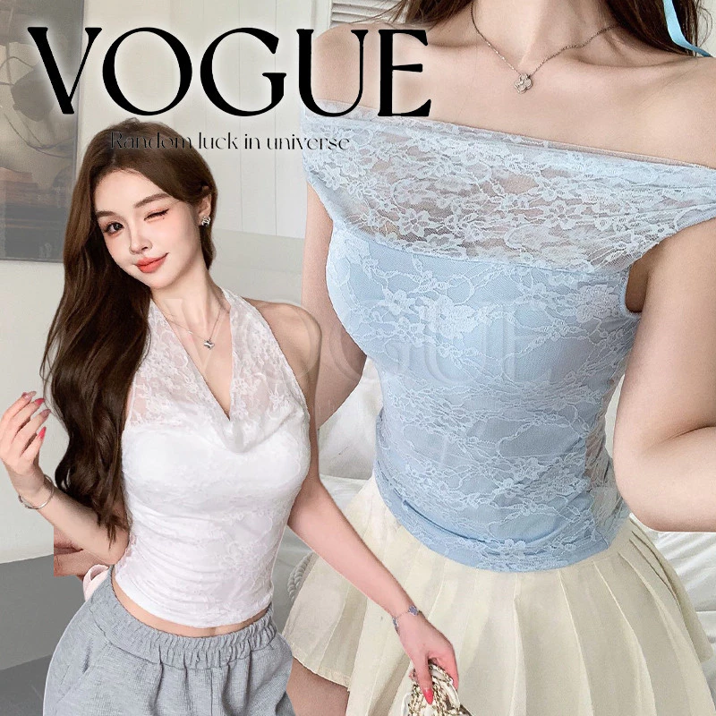 Vogue🌟พร้อมส่ง🌟 เสื้อคล้องคอผ้าลูกไม้ มีซับในดีไซน์ได้หลายแบบหลายสไตล์ เสริมฟองน้ำ (FY33072)