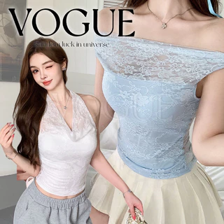 Vogue🌟พร้อมส่ง🌟 เสื้อคล้องคอผ้าลูกไม้ มีซับในดีไซน์ได้หลายแบบหลายสไตล์ เสริมฟองน้ำ (FY33072)