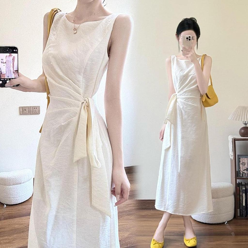 STYLE#เดรสแขนกุดสำหรับผู้หญิง คอทรงกลม สีพื้น ผูกเอว ดีไซน์เรียบง่าย#99453