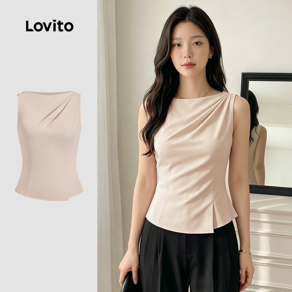 Lovito เสื้อที่ปุ่มด้านบนสุดเรียบหรู แต่งกว่าและเบาสบายสำหรับฤดูใบไม้ผลิ/ฤดูร้อน L137ED230