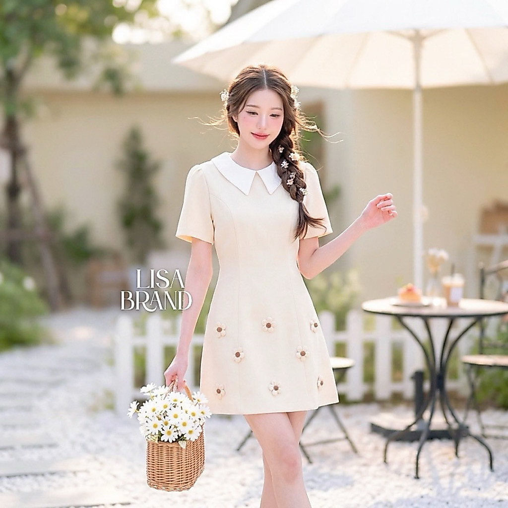 [LISA] A1356 ชุดเดรสกระโปรงคอปกแขนสั้นดีเทลแต่งดอกไม้ สวยหวานละมุนลุคคุณ ใส่เที่ยว คาเฟ่ ออกงาน