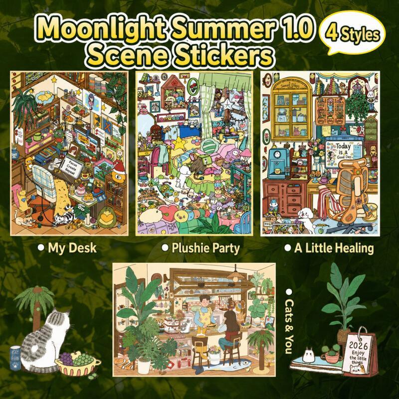 WEI 4 ชิ้น [Moonlit ฤดูร้อน Series] ภูมิทัศน์สติกเกอร์ตุ๊กตา Party My โต๊ะขนาดใหญ่ไข่เจียวข้าว Shop Journaling Scrapbooking อุปกรณ์