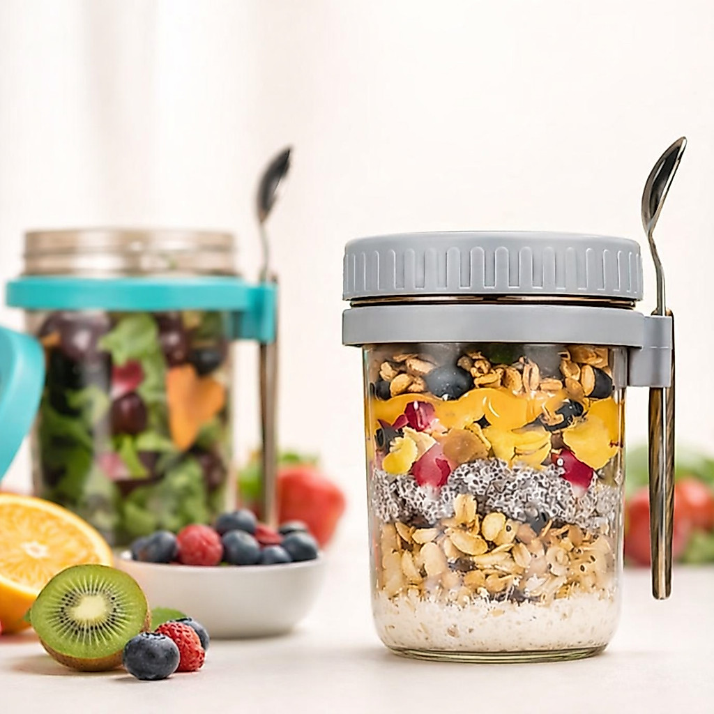 ถ้วยข้าวโอ๊ต มีสเกล 300ml พร้อมฝาและช้อน แก้วพกพา Overnight oats cup มีขีดวัด ml ใส่อาหาร/โยเกิร์ต/โอ๊ต