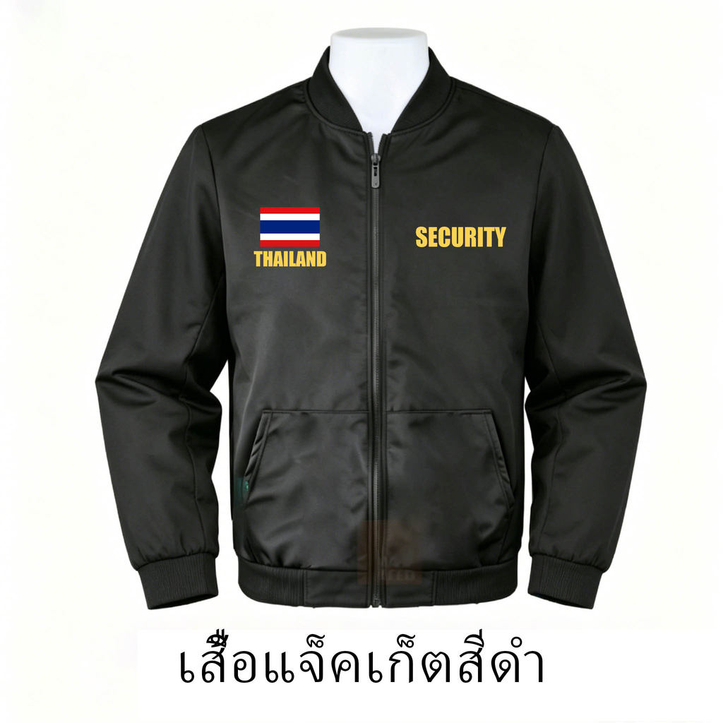 NEW เสื้อแจ็กเก็ตแขนยาวแบรนด์ SECURITY สไตล์คลาสสิก มีโลโก้ไทยอยู่ด้านซ้าย-เสื้อแจ็คเก็ตสีดำพิมพ์ลายด้านหน้า