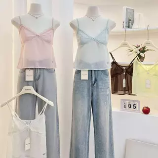 KN.Clothes เสื้อสายเดี่ยว แต่งลูกไม้ โบว์หน้า ผ้าเบาบาง ใส่สบาย มีซับหน้าอก Pee Ka Nong