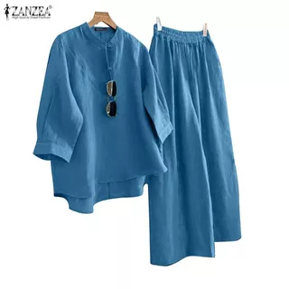 ZANZEA ซานเซีย ผู้หญิงเกาหลีลําลองสีทึบยืนปก3/4แขนด้านหน้าสั้นกลับยาวเสื้อ+กางเกงขากว้างชุดหลวม